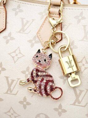 Authentic LV Gold Padlock & Key Set ✨ Luxury Bag Charm w/ Unbranded Cat Keychain